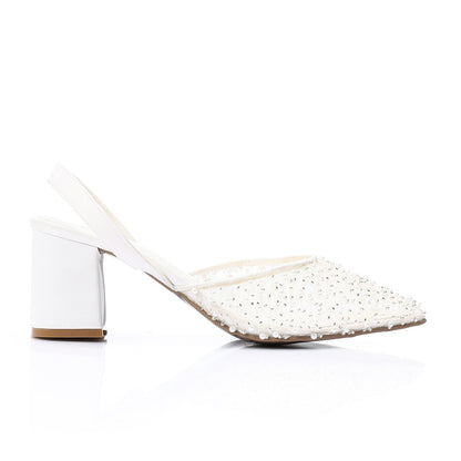 Embellished Mesh Slingback Block Heel Pumps - White