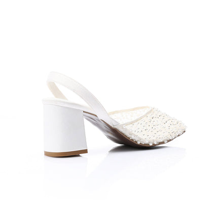 Embellished Mesh Slingback Block Heel Pumps - White