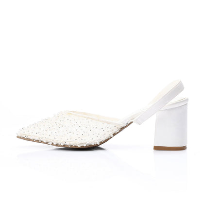 Embellished Mesh Slingback Block Heel Pumps - White