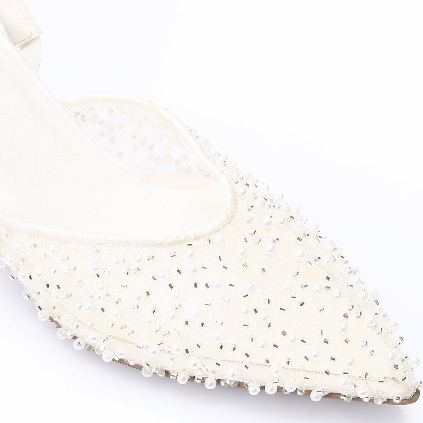 Embellished Mesh Slingback Block Heel Pumps - White