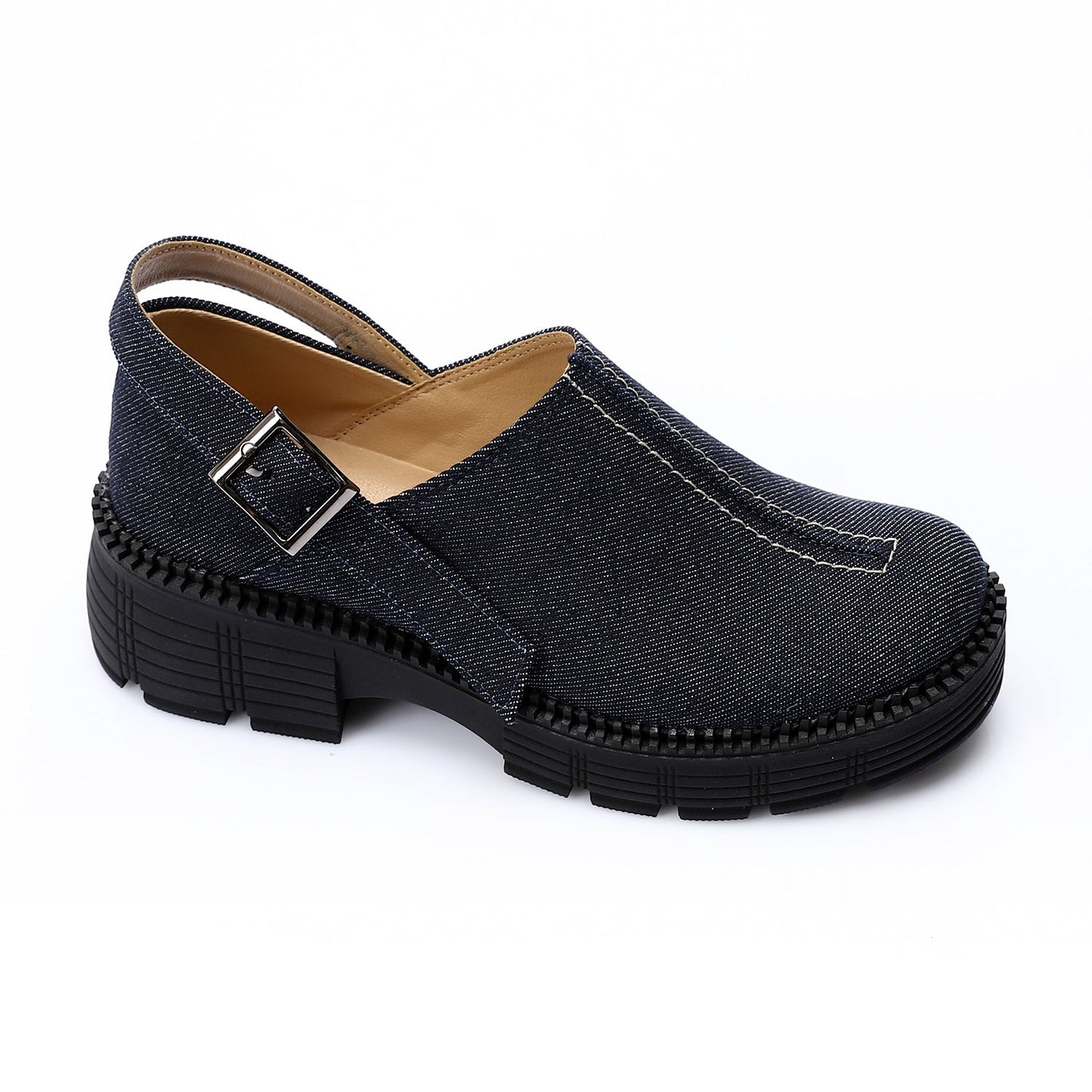 Jeans Plain Slingback Chunky Sole Shoes – Dark Blue