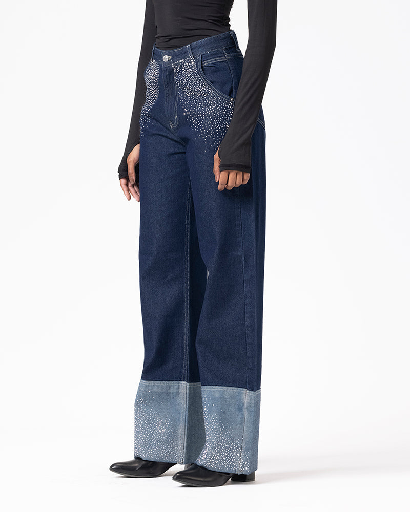 Denim Shimmery Fold-Up Pants - Dark Blue