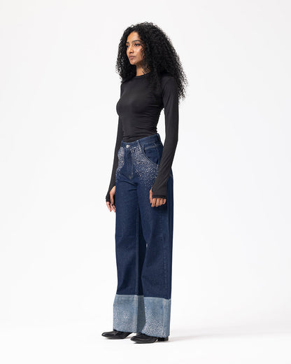 Denim Shimmery Fold-Up Pants - Dark Blue