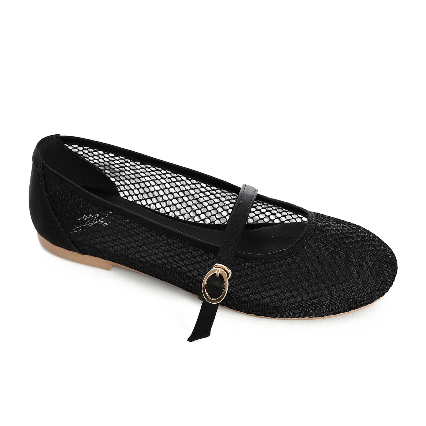 Mesh Buckled Ballerina Flats - Black