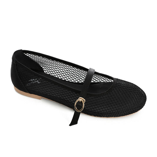 Mesh Buckled Ballerina Flats - Black