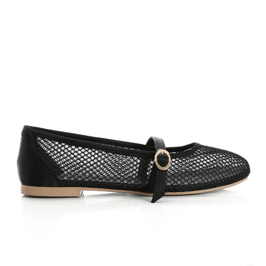 Mesh Buckled Ballerina Flats - Black