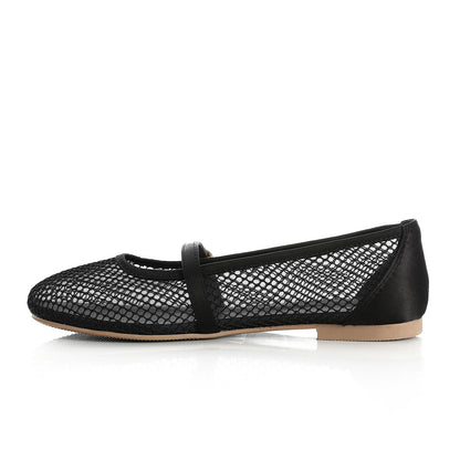 Mesh Buckled Ballerina Flats - Black