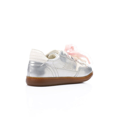 Patent faux Leather Sneaker with Lace & Decorative Organza Ribbon - Silver