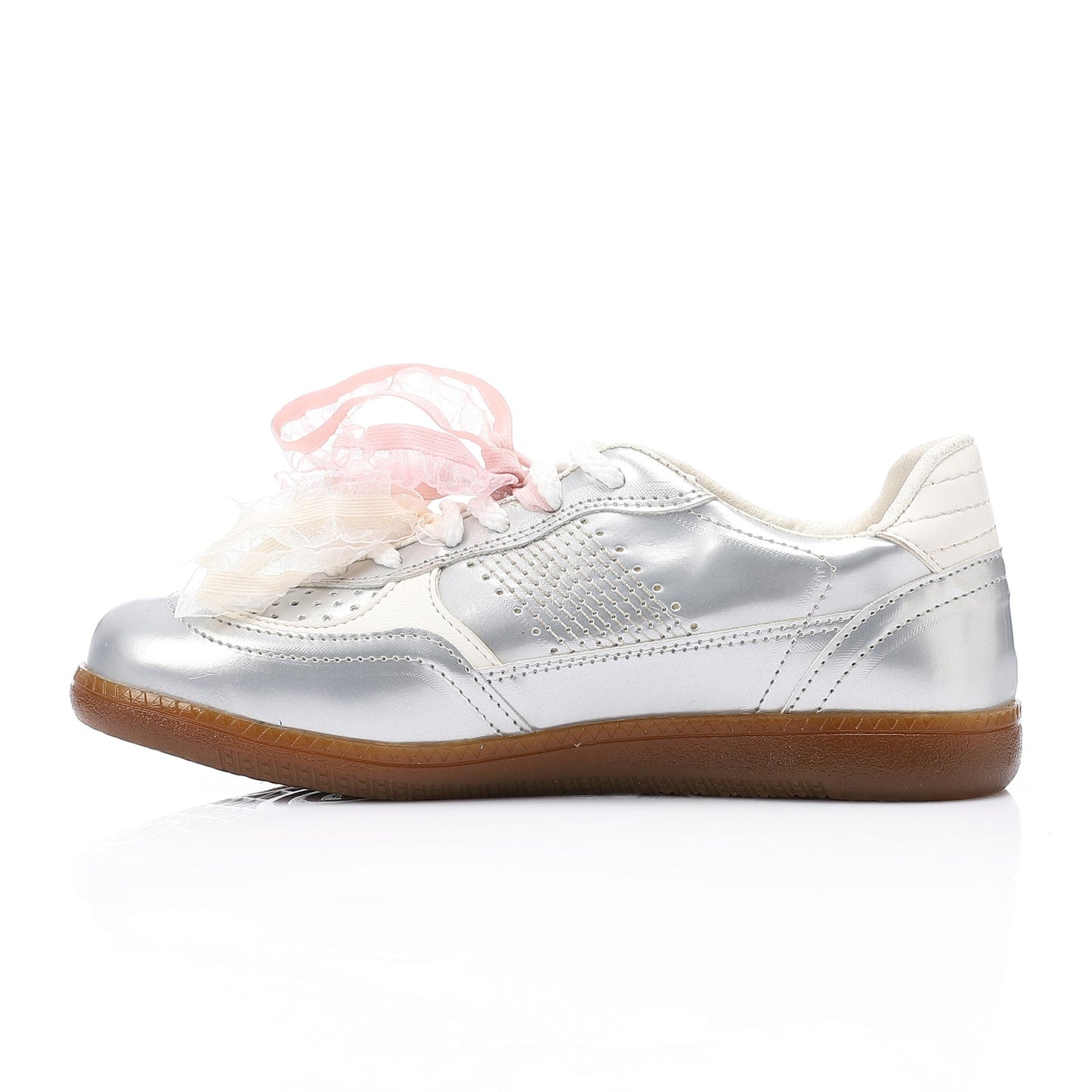 Patent faux Leather Sneaker with Lace & Decorative Organza Ribbon - Silver