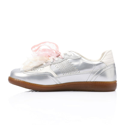 Patent faux Leather Sneaker with Lace & Decorative Organza Ribbon - Silver