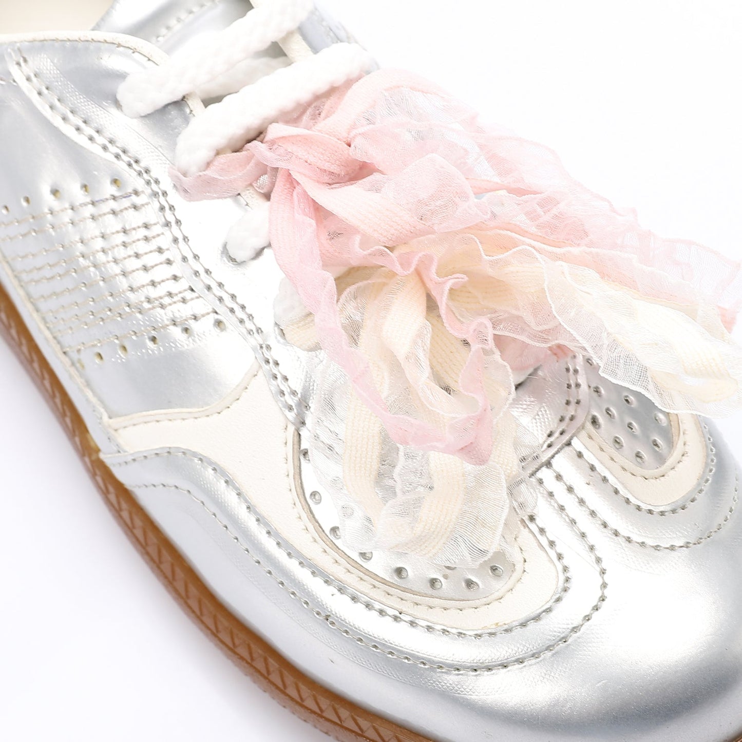 Patent faux Leather Sneaker with Lace & Decorative Organza Ribbon - Silver
