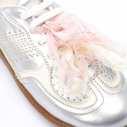 Patent faux Leather Sneaker with Lace & Decorative Organza Ribbon - Silver