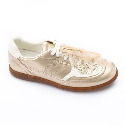 Faux Leather Sneaker with Lace & Decorative Organza Ribbon - Champagne