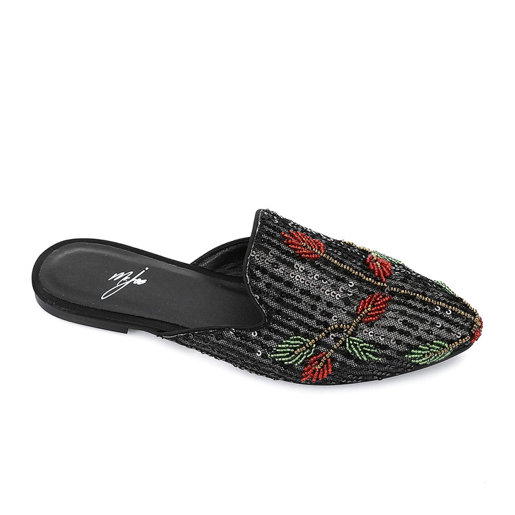 Textile Beaded Mules – Black