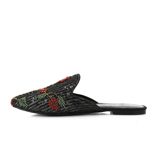 Textile Beaded Mules – Black