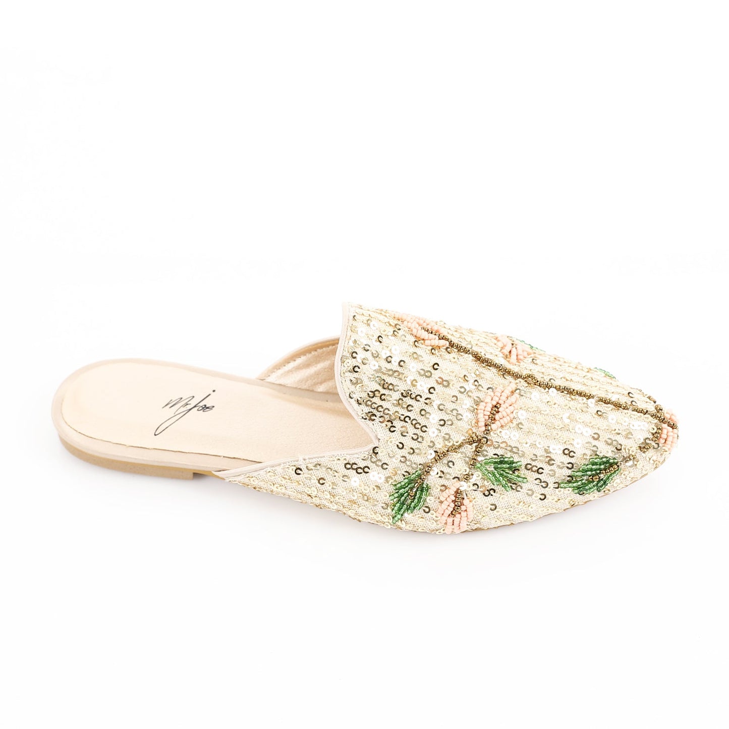 Sequin Beaded Embroidered Mules – Beige
