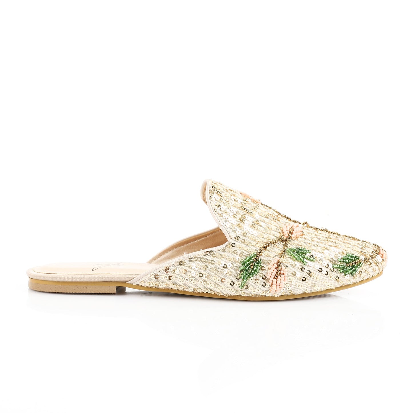 Sequin Beaded Embroidered Mules – Beige
