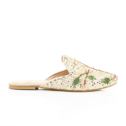 Sequin Beaded Embroidered Mules – Beige