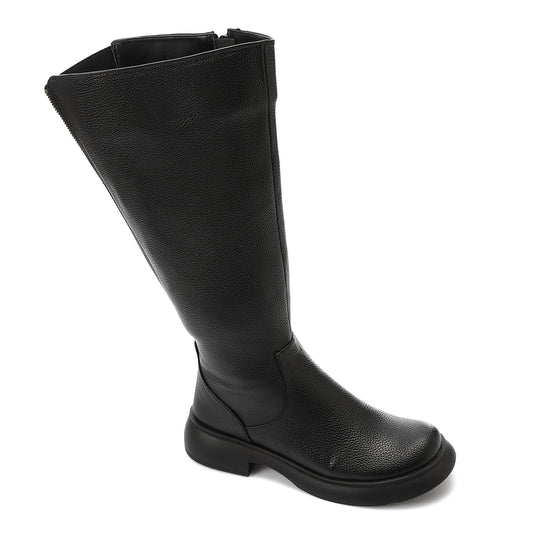 PU Leather Textured Knee-High Boots – Black