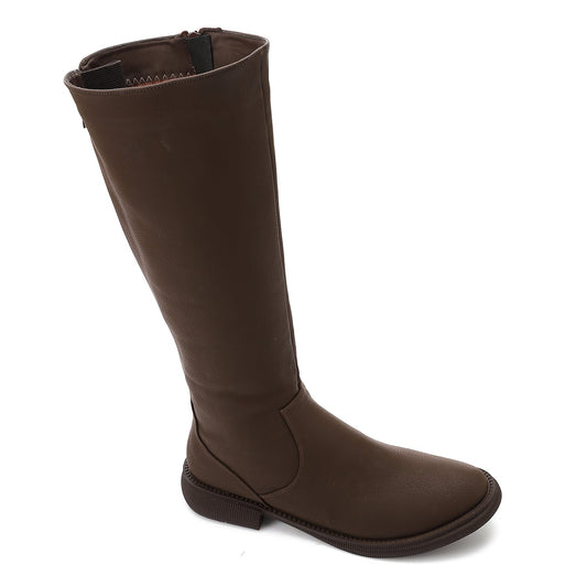 PU Leather Textured Knee-High Boots – Brown