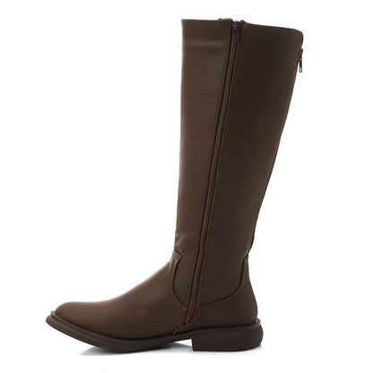 PU Leather Textured Knee-High Boots – Brown