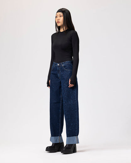 Denim Fold Up Leopard Pants - Dark Blue