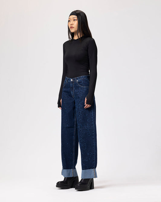 Denim Fold Up Leopard Pants - Dark Blue