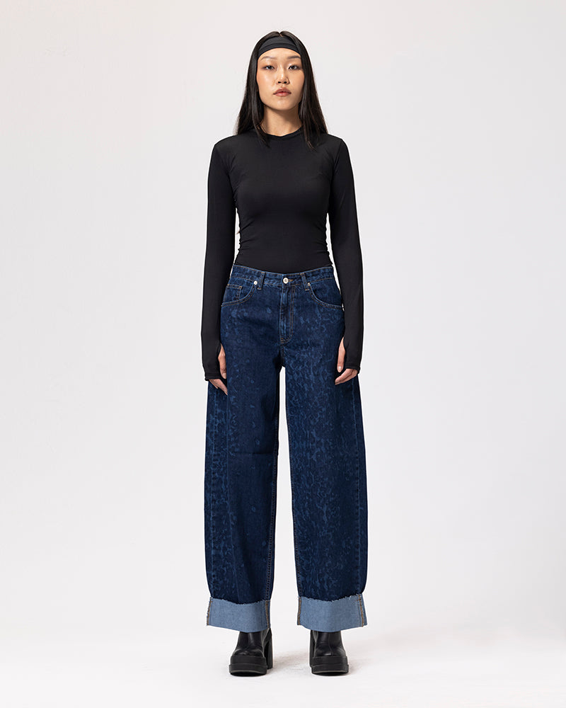 Denim Fold Up Leopard Pants - Dark Blue