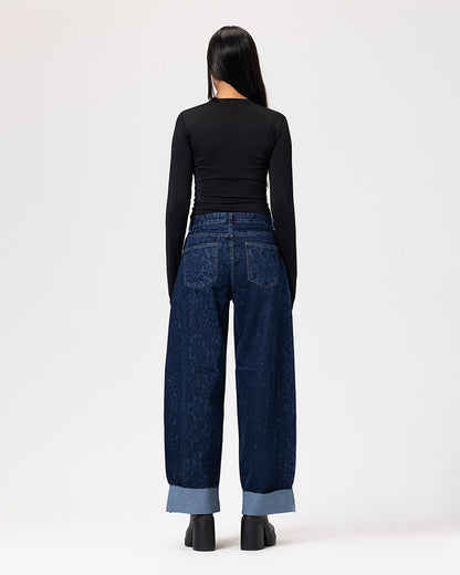 Denim Fold Up Leopard Pants - Dark Blue
