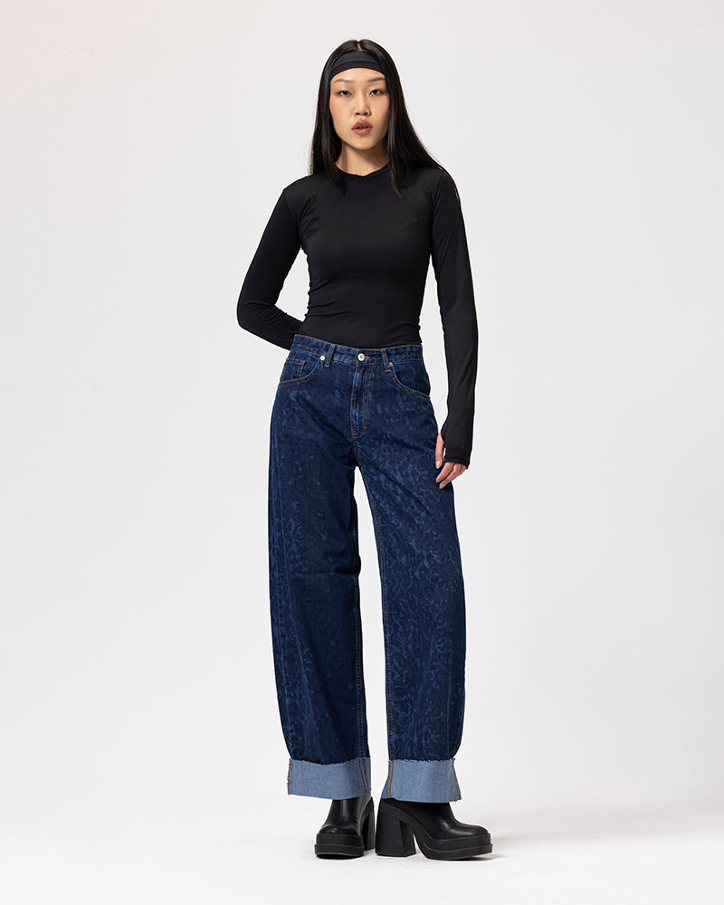 Denim Fold Up Leopard Pants - Dark Blue