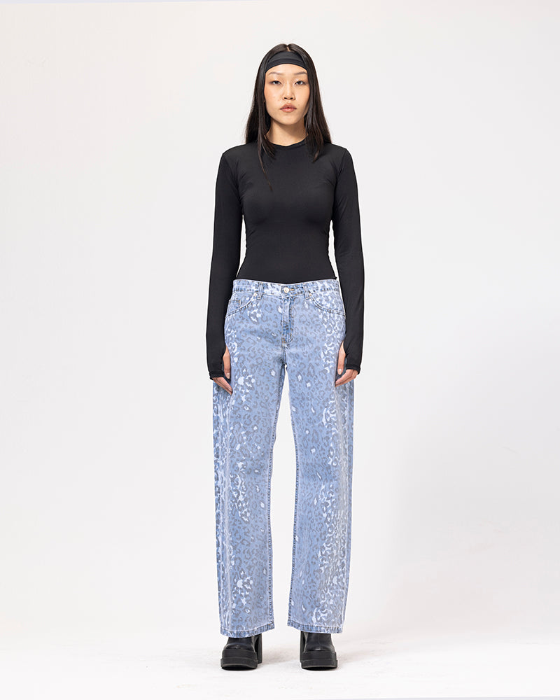 Denim Acid Wash Leopard Print Jeans - Light Blue