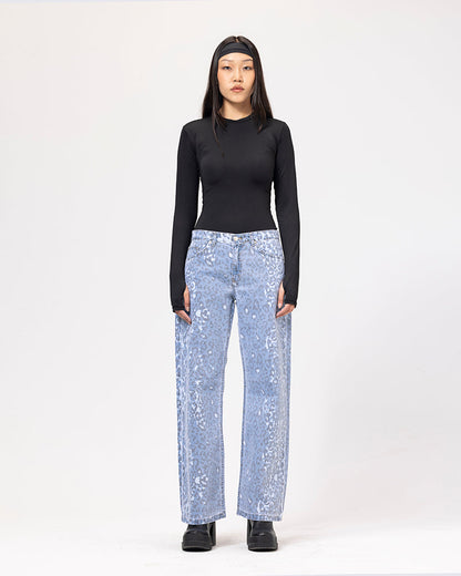 Denim Acid Wash Leopard Print Jeans - Light Blue