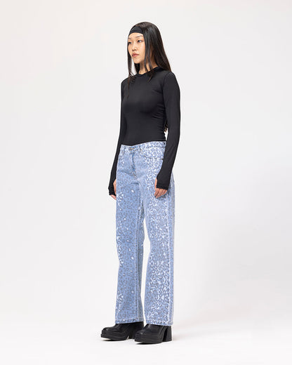 Denim Acid Wash Leopard Print Jeans - Light Blue