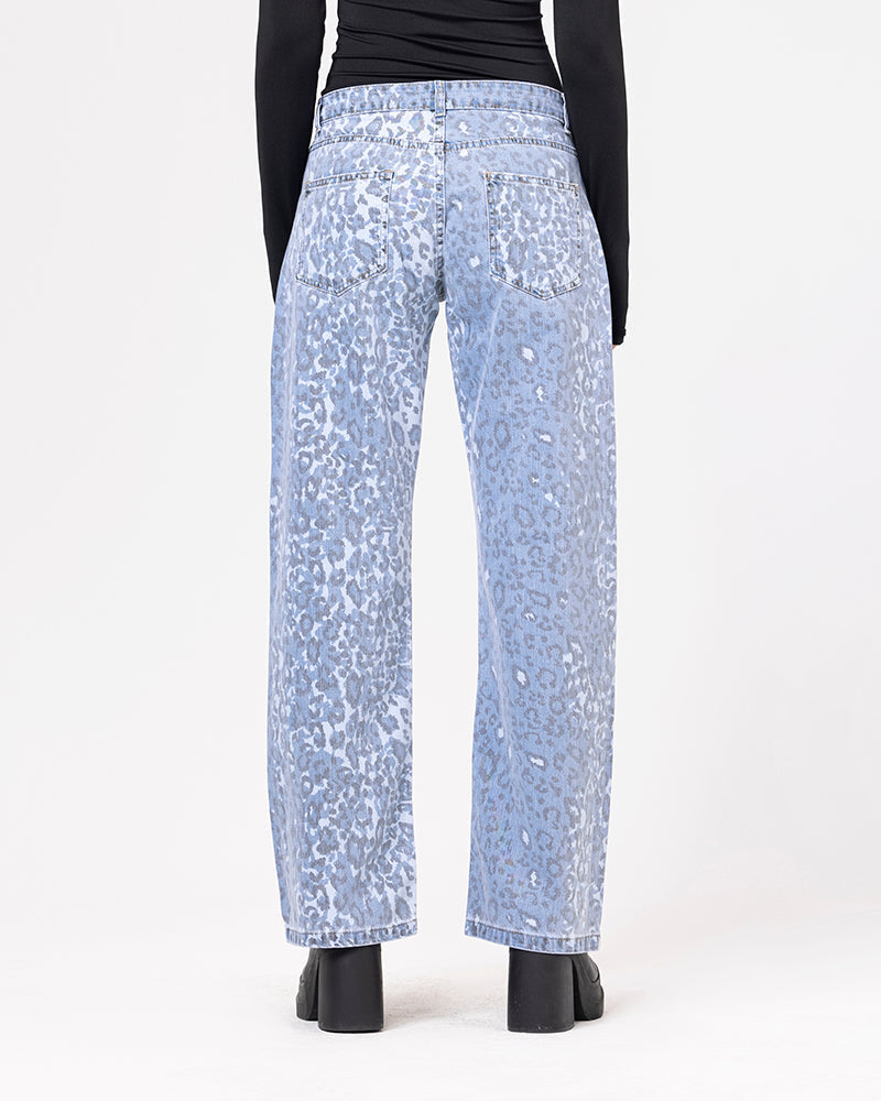 Denim Acid Wash Leopard Print Jeans - Light Blue