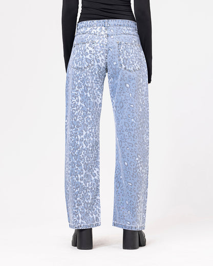 Denim Acid Wash Leopard Print Jeans - Light Blue