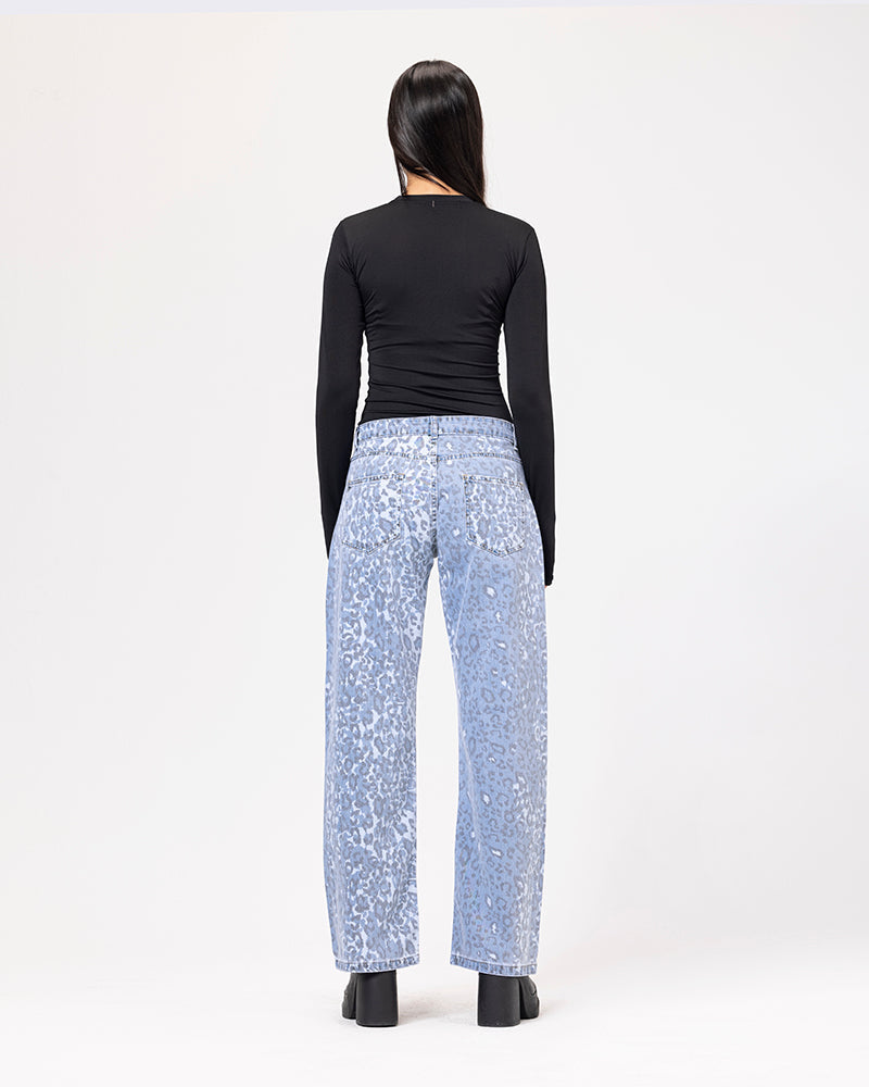 Denim Acid Wash Leopard Print Jeans - Light Blue