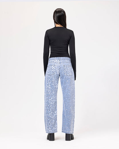 Denim Acid Wash Leopard Print Jeans - Light Blue