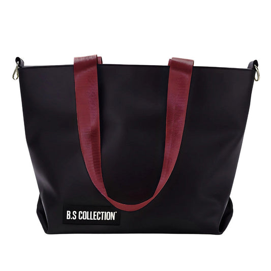 Leather and Fabric Double-Face Tote Bag - Burgundy & Black
