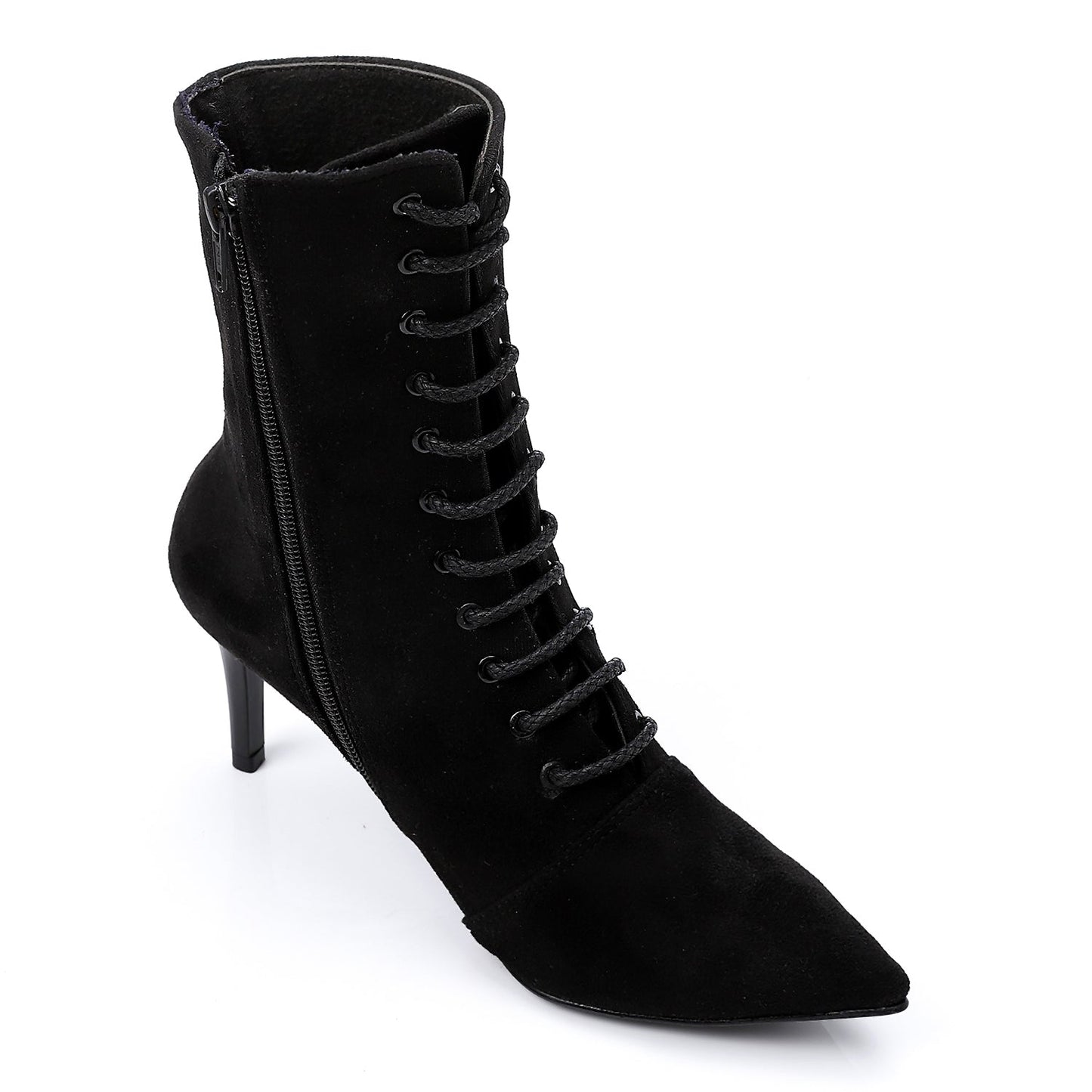 Suede Pointed-Toe Lace-Up Ankle Boots - Black