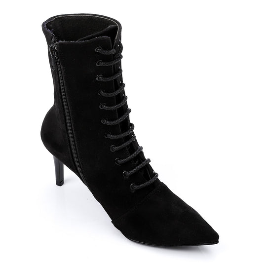 Suede Pointed-Toe Lace-Up Ankle Boots - Black