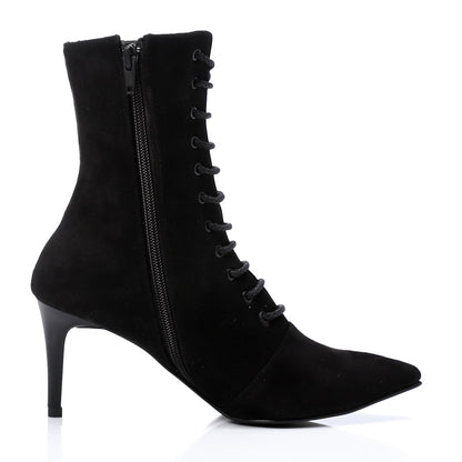 Suede Pointed-Toe Lace-Up Ankle Boots - Black