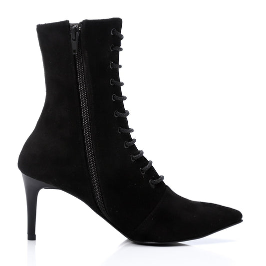 Suede Pointed-Toe Lace-Up Ankle Boots - Black