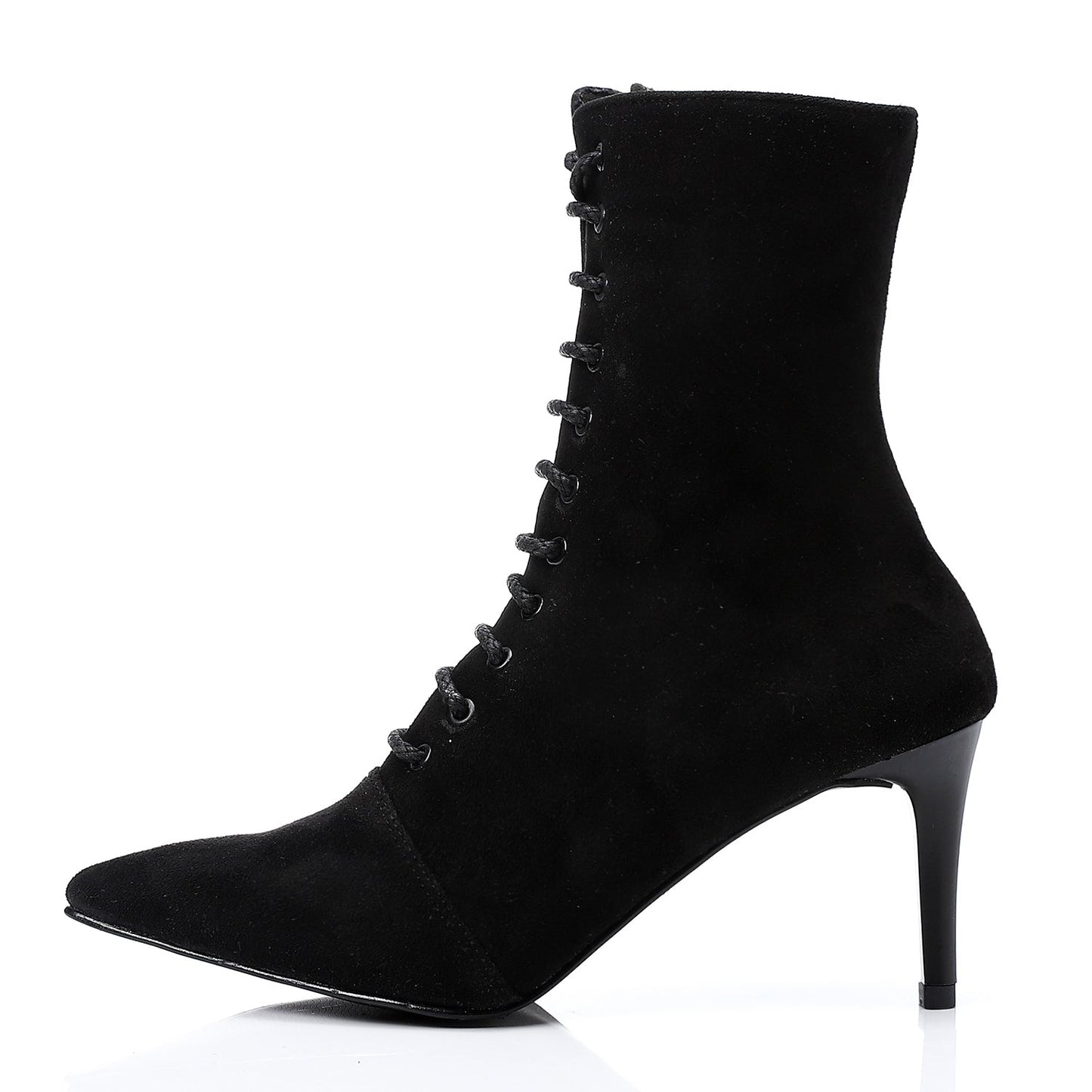 Suede Pointed-Toe Lace-Up Ankle Boots - Black