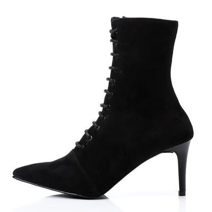 Suede Pointed-Toe Lace-Up Ankle Boots - Black