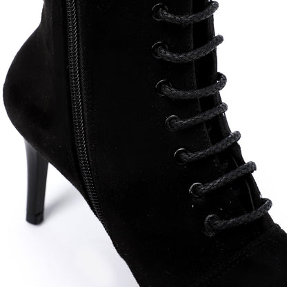 Suede Pointed-Toe Lace-Up Ankle Boots - Black