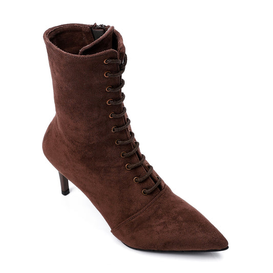 Suede Pointed-Toe Lace-Up Ankle Boots - Brown