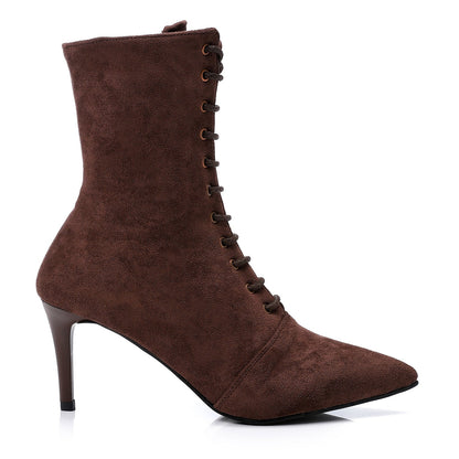 Suede Pointed-Toe Lace-Up Ankle Boots - Brown