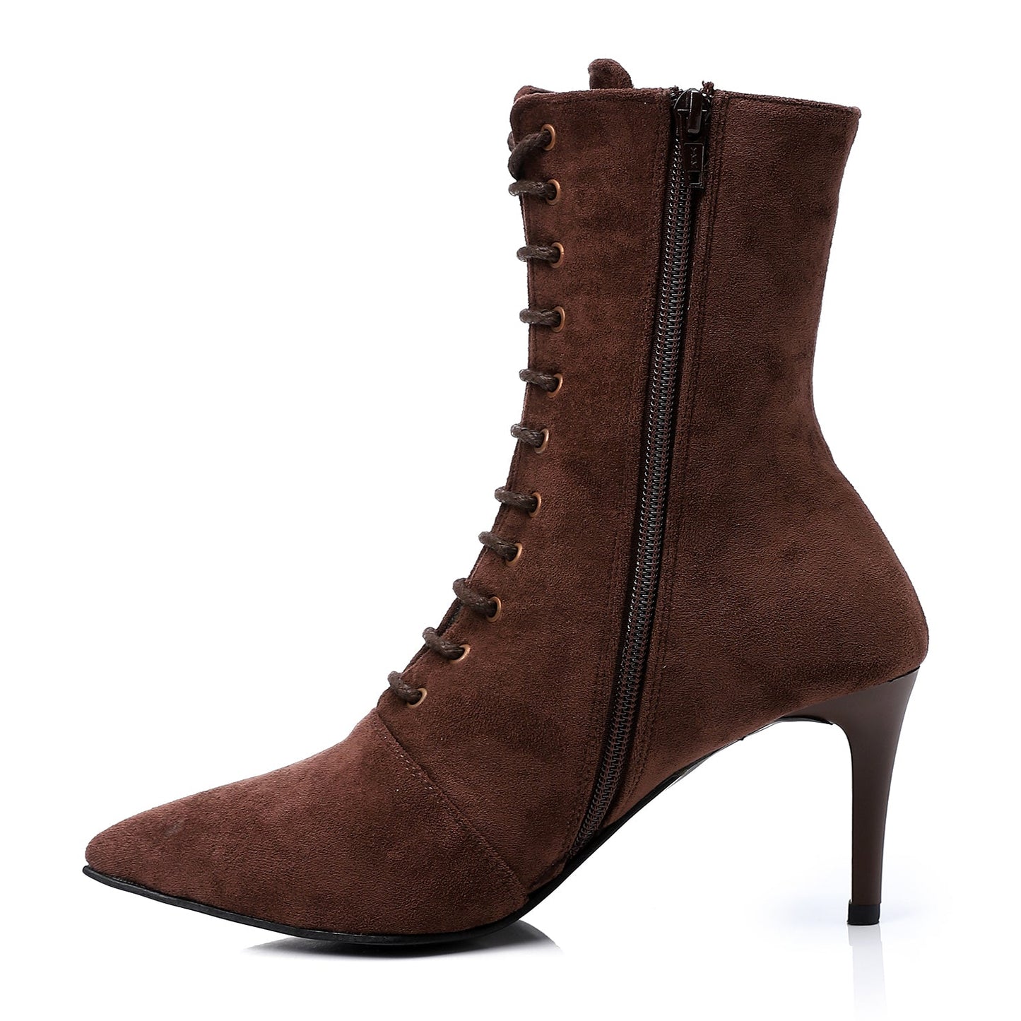 Suede Pointed-Toe Lace-Up Ankle Boots - Brown