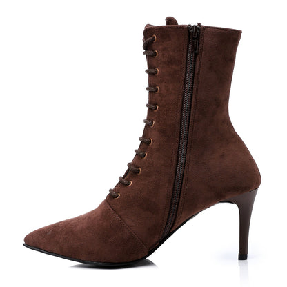 Suede Pointed-Toe Lace-Up Ankle Boots - Brown