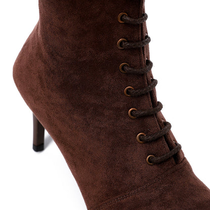Suede Pointed-Toe Lace-Up Ankle Boots - Brown